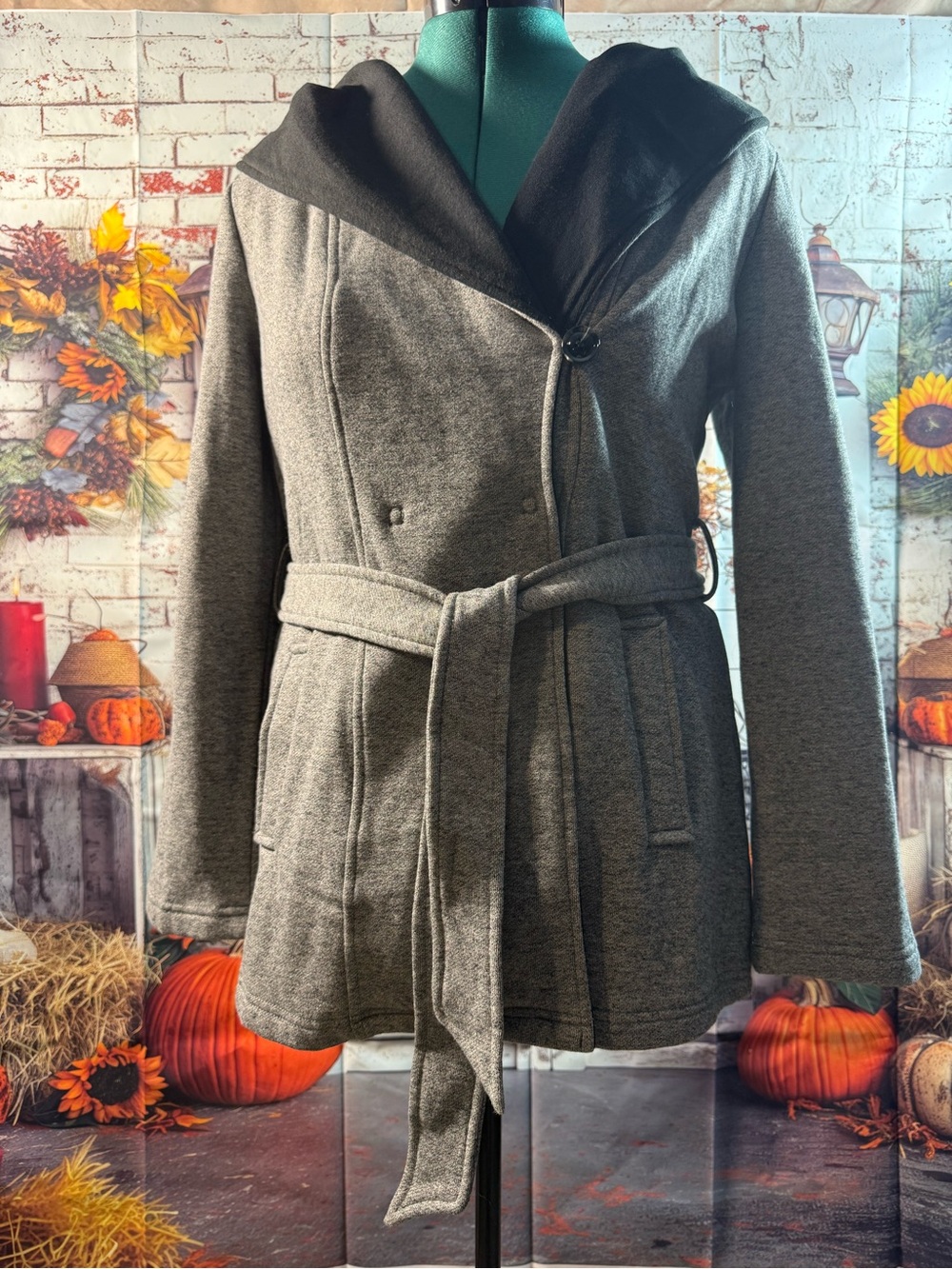 129-Sebby Gray Hooded Belted Peacoat